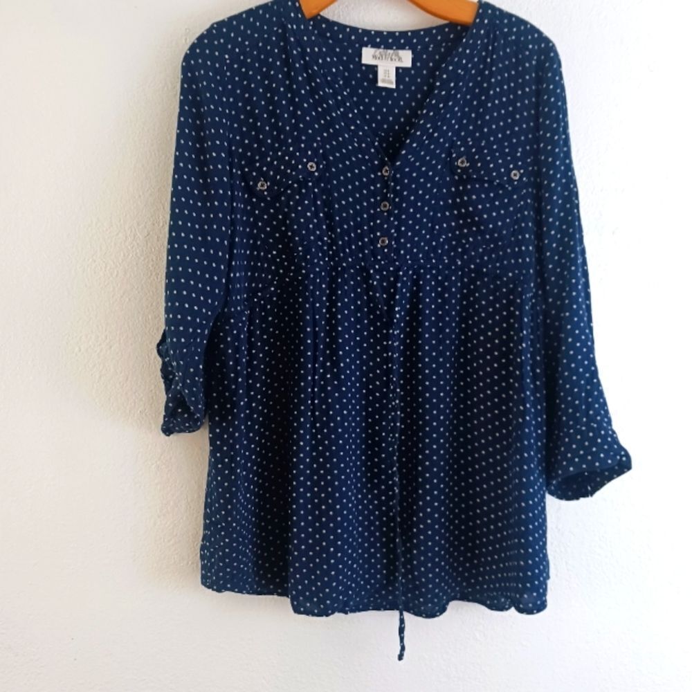 Motherhood Maternity polka dot long sleeve blue blouse size L